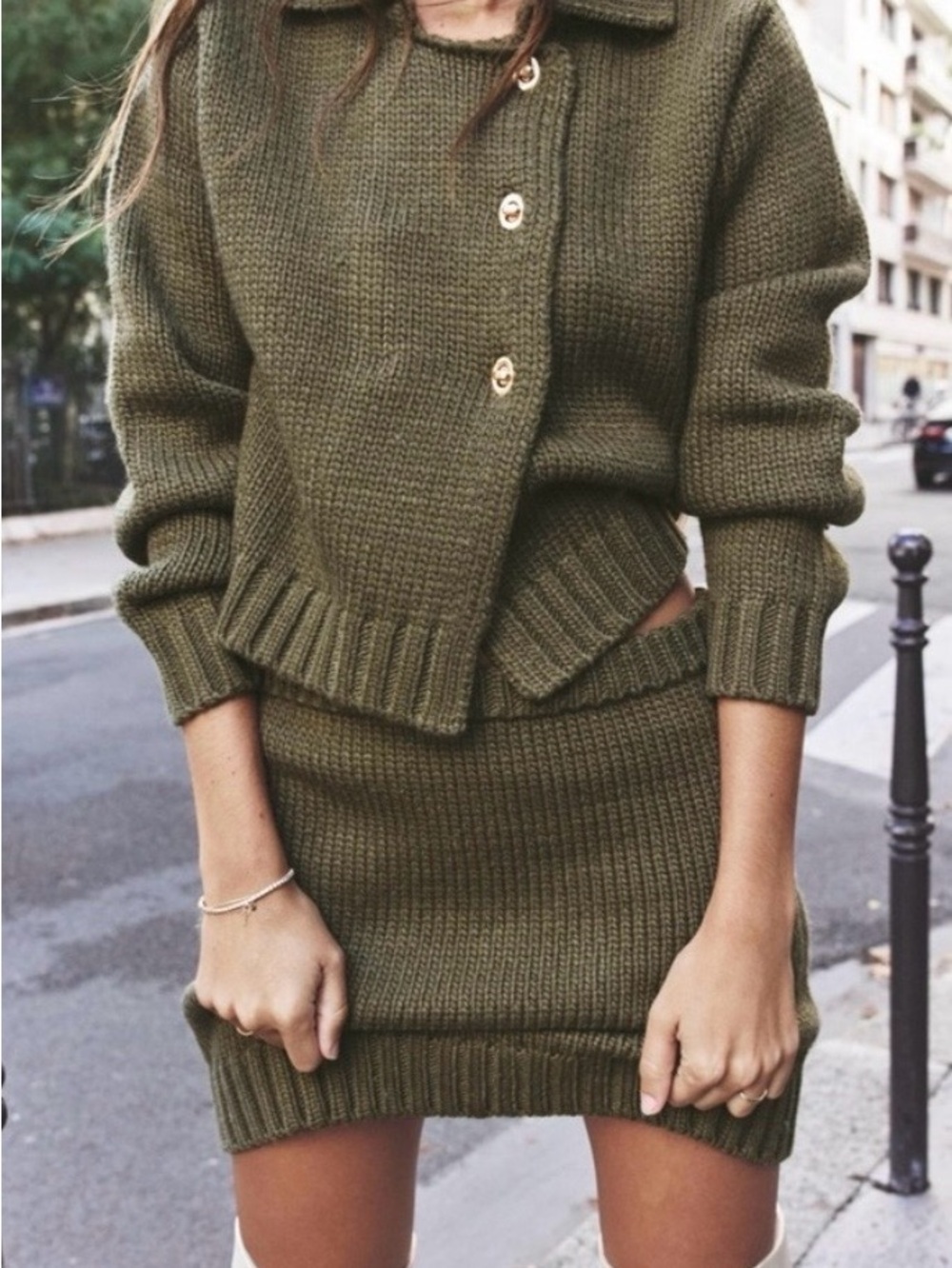 Zara Olive Green Ribbed Knit Mini Skirt and Cardigan, size L
